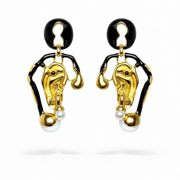 Anthropologie Jewelry - ⚜️ Elegant Gold and Black Earrings with Pearl Accents
